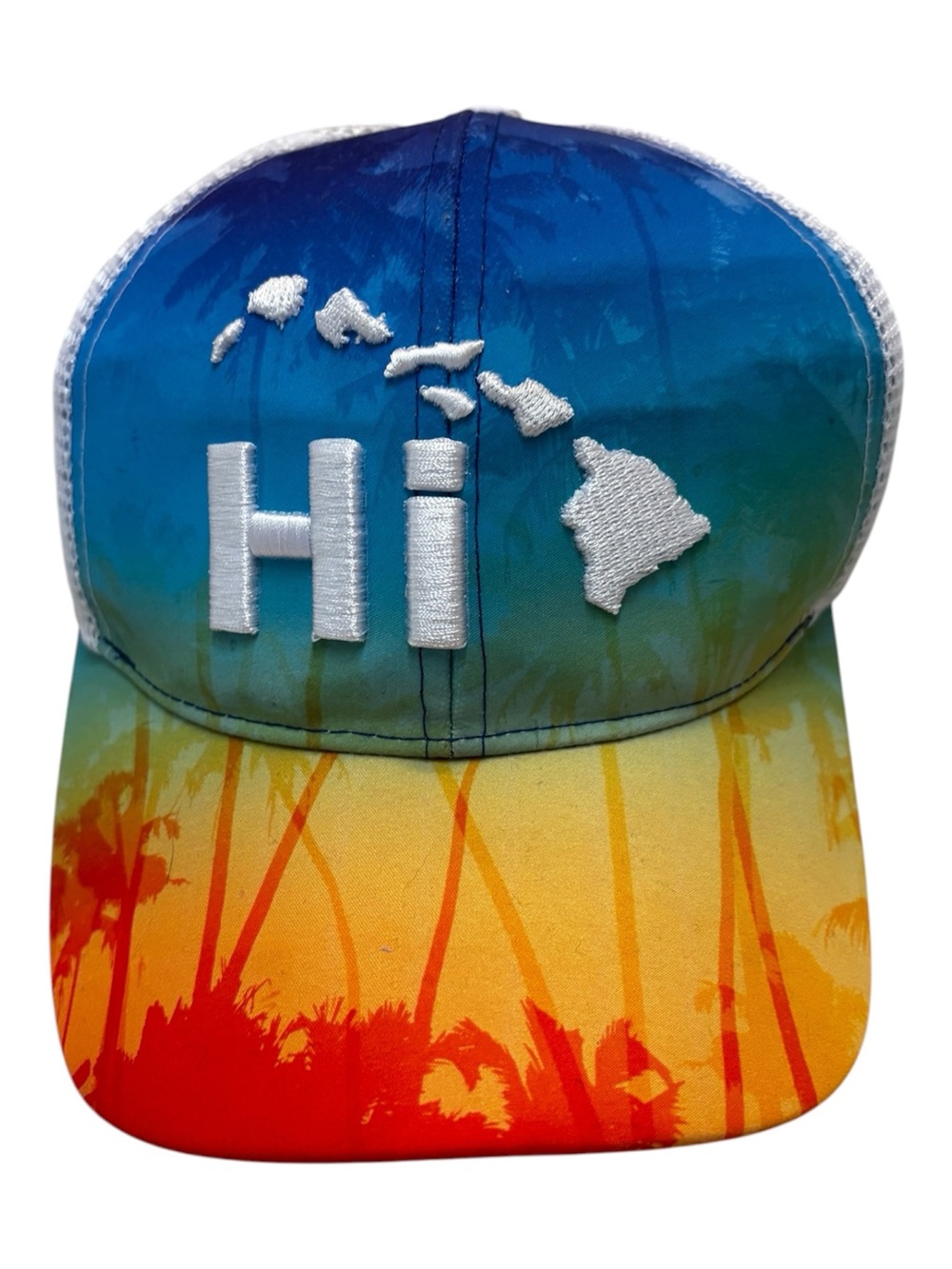 Hawaii "Hi" Embroidered Trucker Hat in Blue to Red Ombre